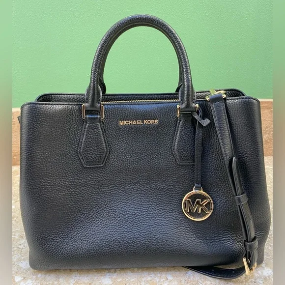 Michael Kors Camille Large Leather Satchel in Black Pebble with Gold Immaculate! - Picture 2 of 15